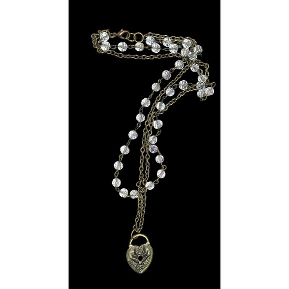 Coquette Steampunk Layered Beaded Heart Faux Lock Necklace - Picture 2 of 5